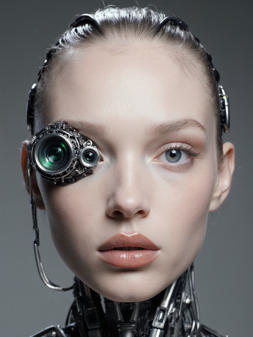 Futuristic Humanoid with Metallic Features and Camera Lens
