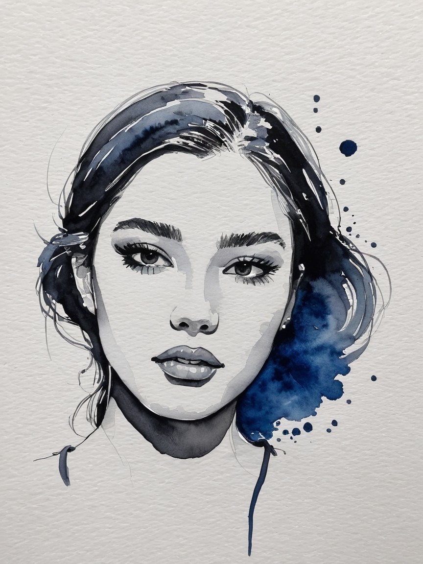 Watercolor Portrait of a Young Woman with Elegance