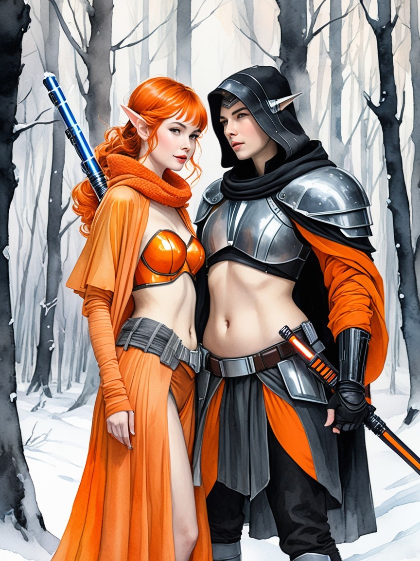 Fantasy Figures in a Snowy Enchanted Forest