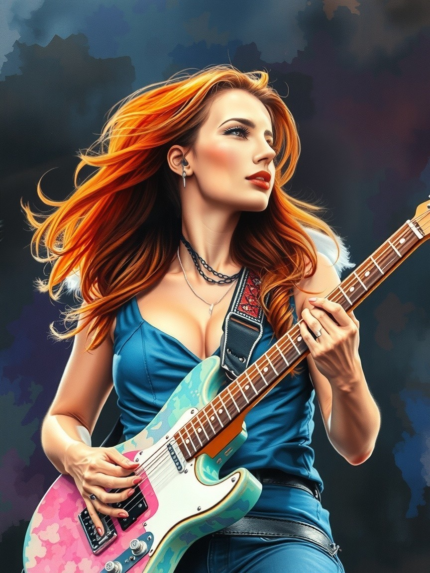 Confident Woman Playing Vibrant Electric Guitar