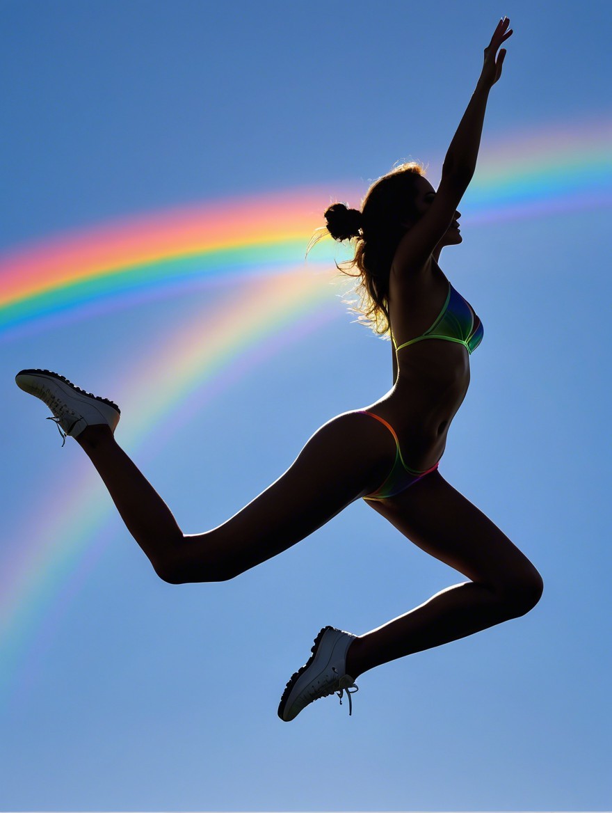 Silhouette Leaping Under Rainbow and Blue Sky