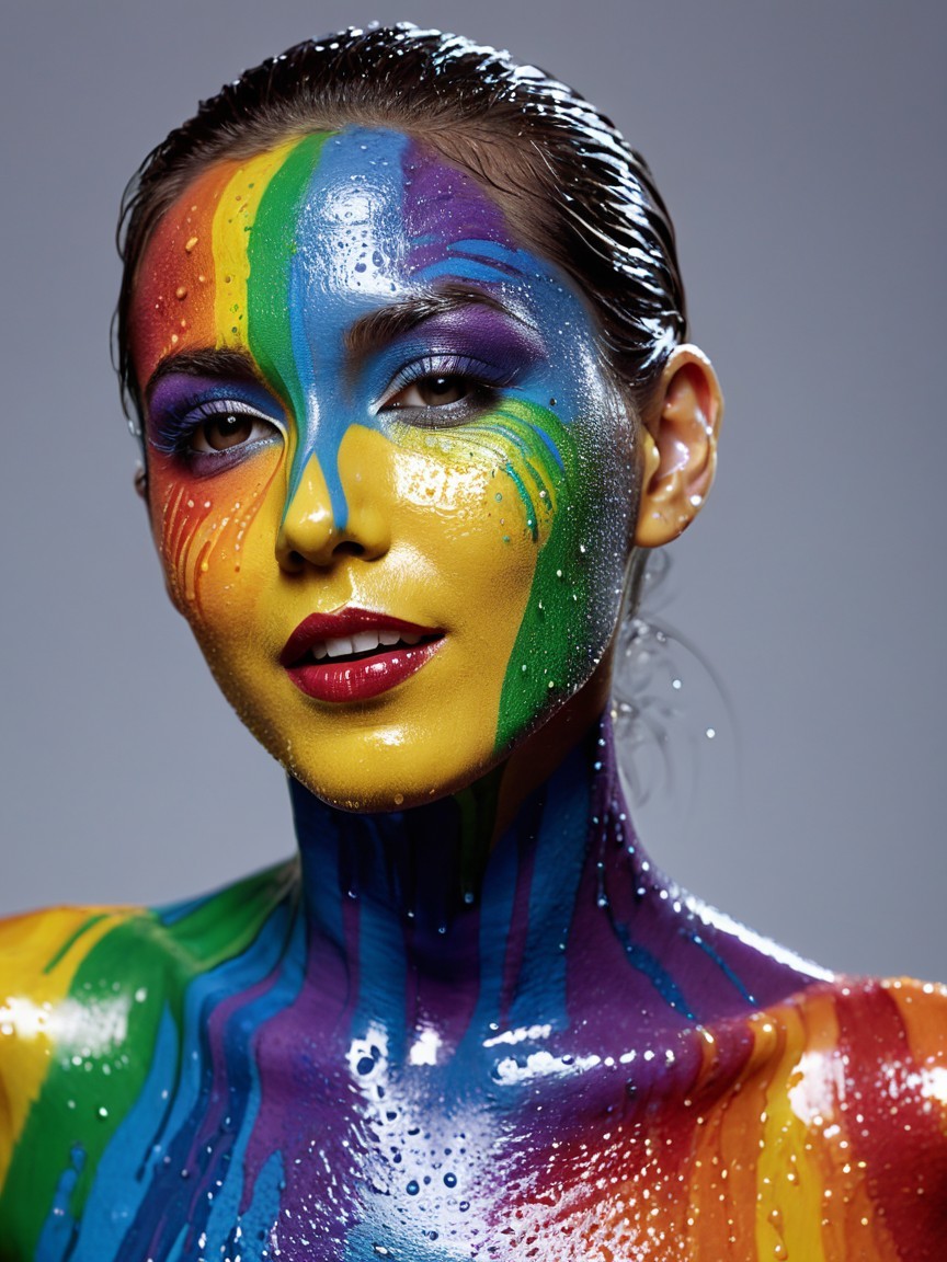 Portrait of a model with vibrant multicolored body paint