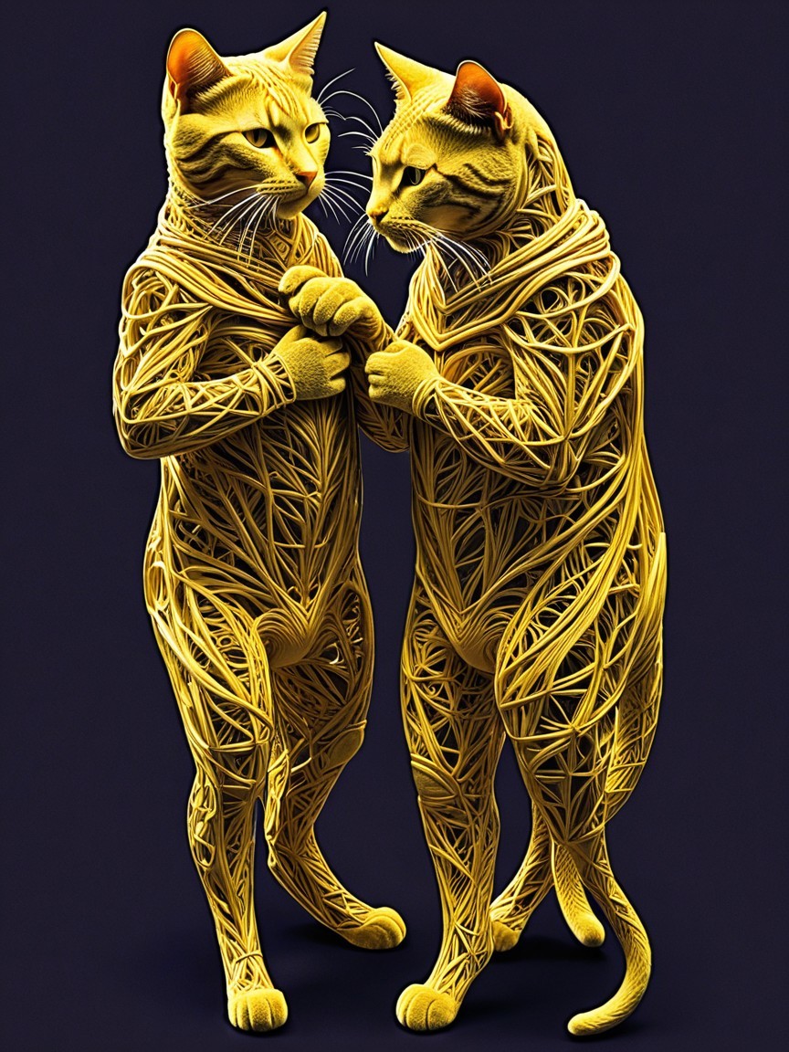 Intricately Designed Yellow Cats with Purple Background
