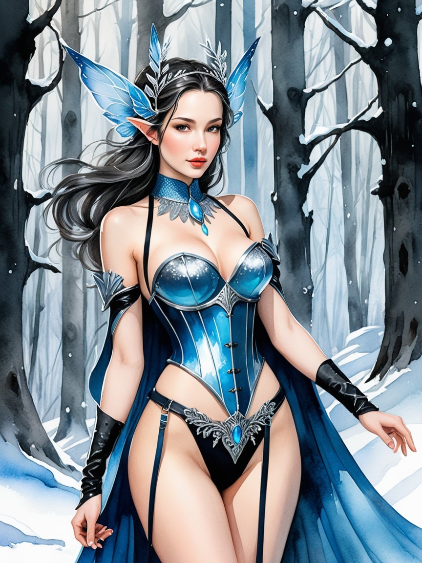 Mystical Figure in Snowy Forest with Butterfly Wings