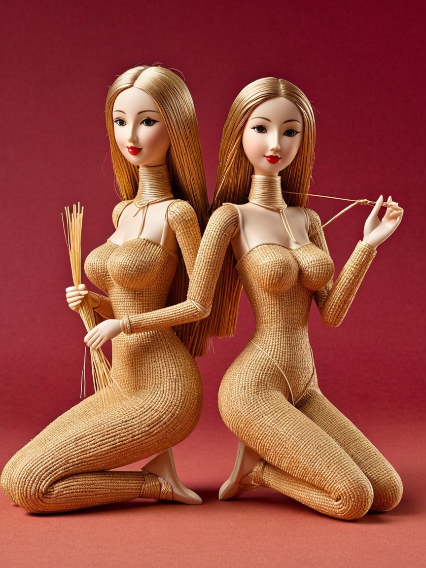 Stylized dolls with twine outfits against red backdrop