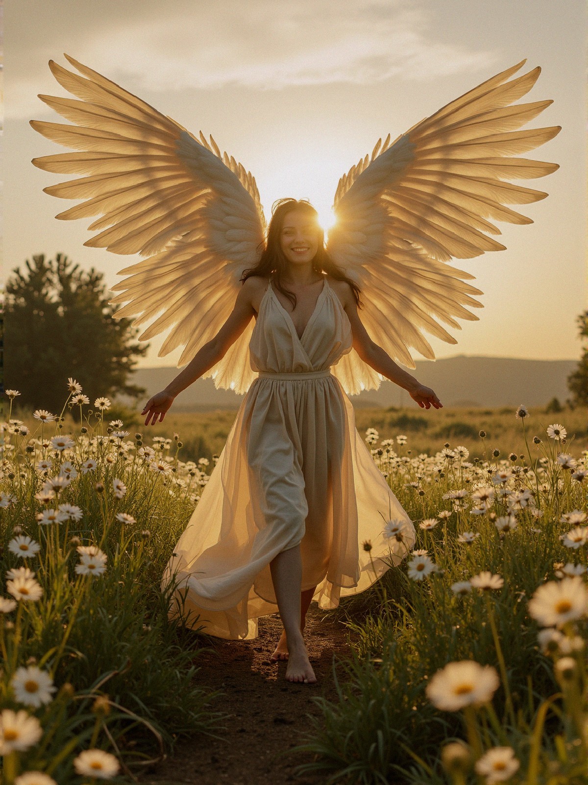 Woman in a field of daisies with angelic wings