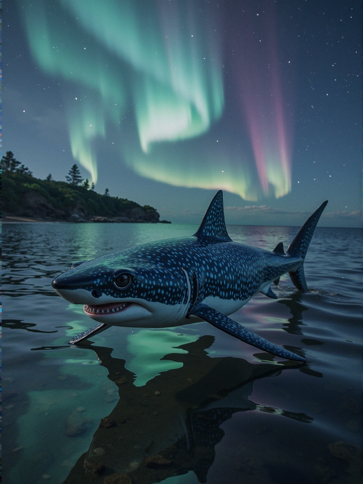 Whimsical Shark in Aurora Borealis Night Scene