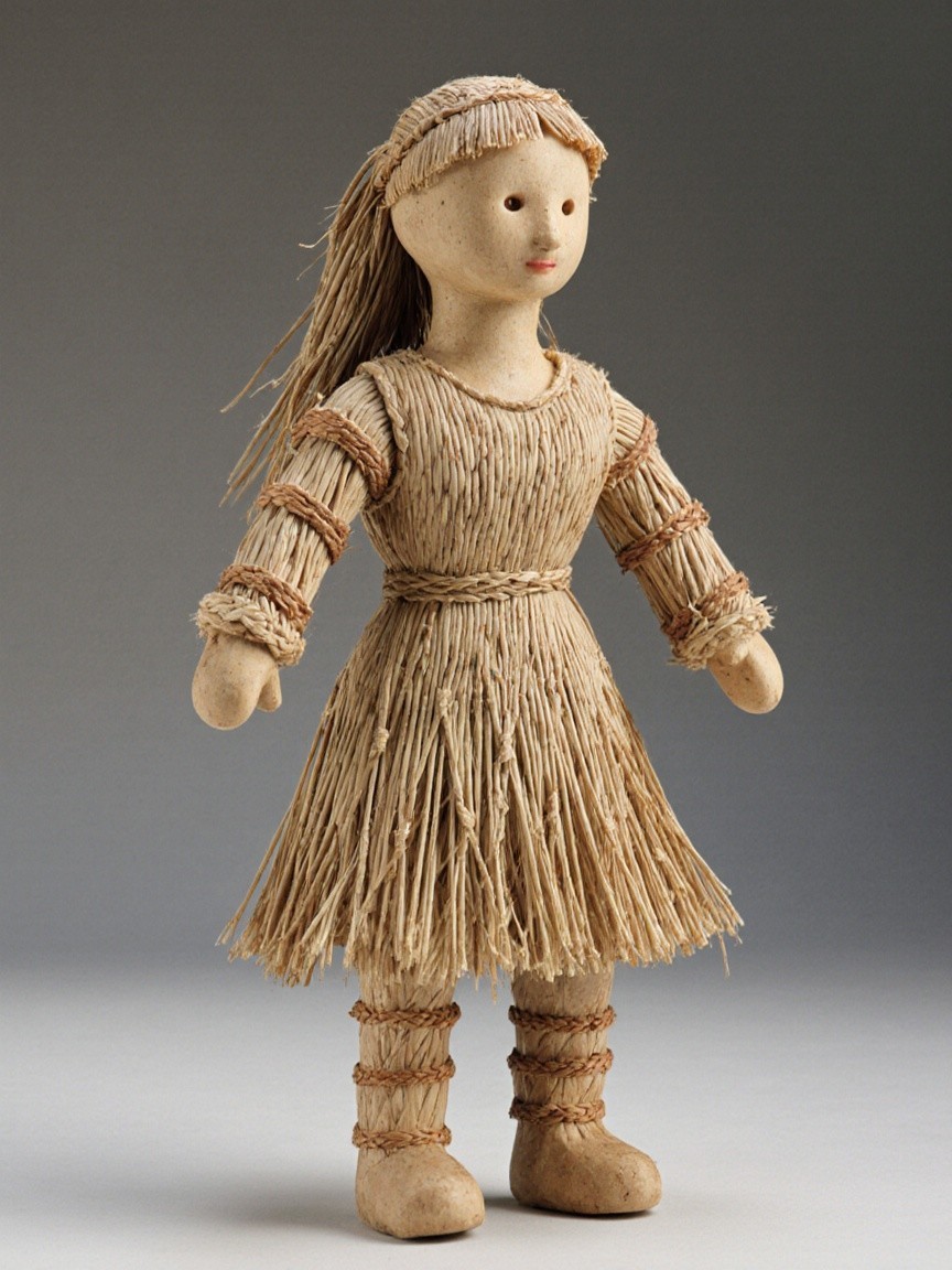 Handmade Clay Doll with Natural Fiber Outfit
