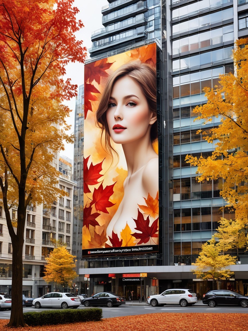 Billboard Displaying Woman Amidst Autumn Leaves