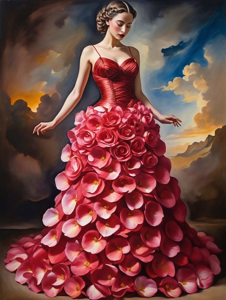 Elegant woman in vibrant floral gown with dramatic backdrop