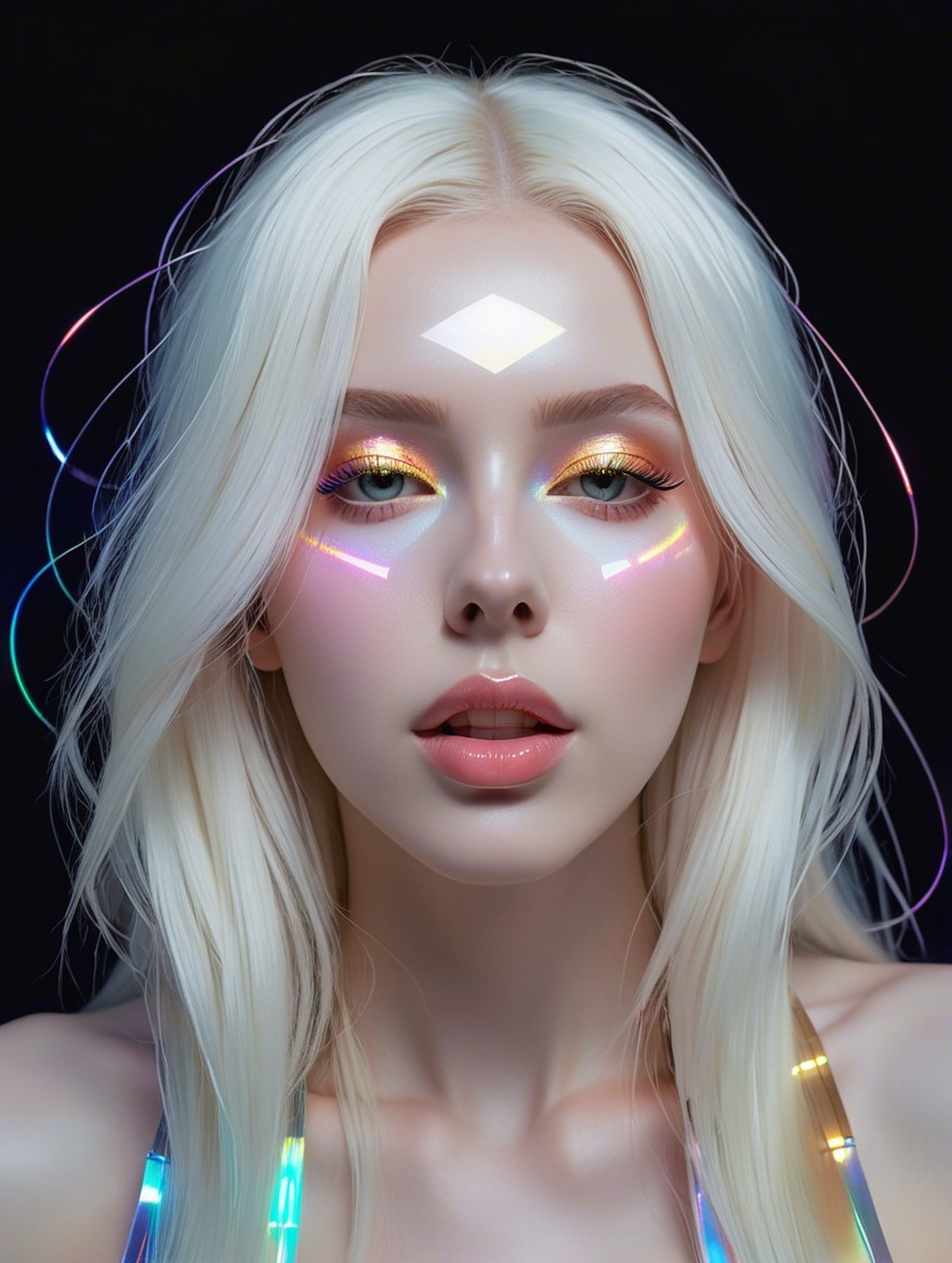 Portrait of a model with platinum blonde hair and bold makeup