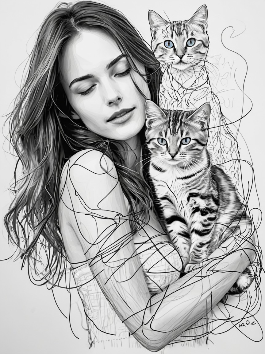 Black and white illustration of a woman with cats