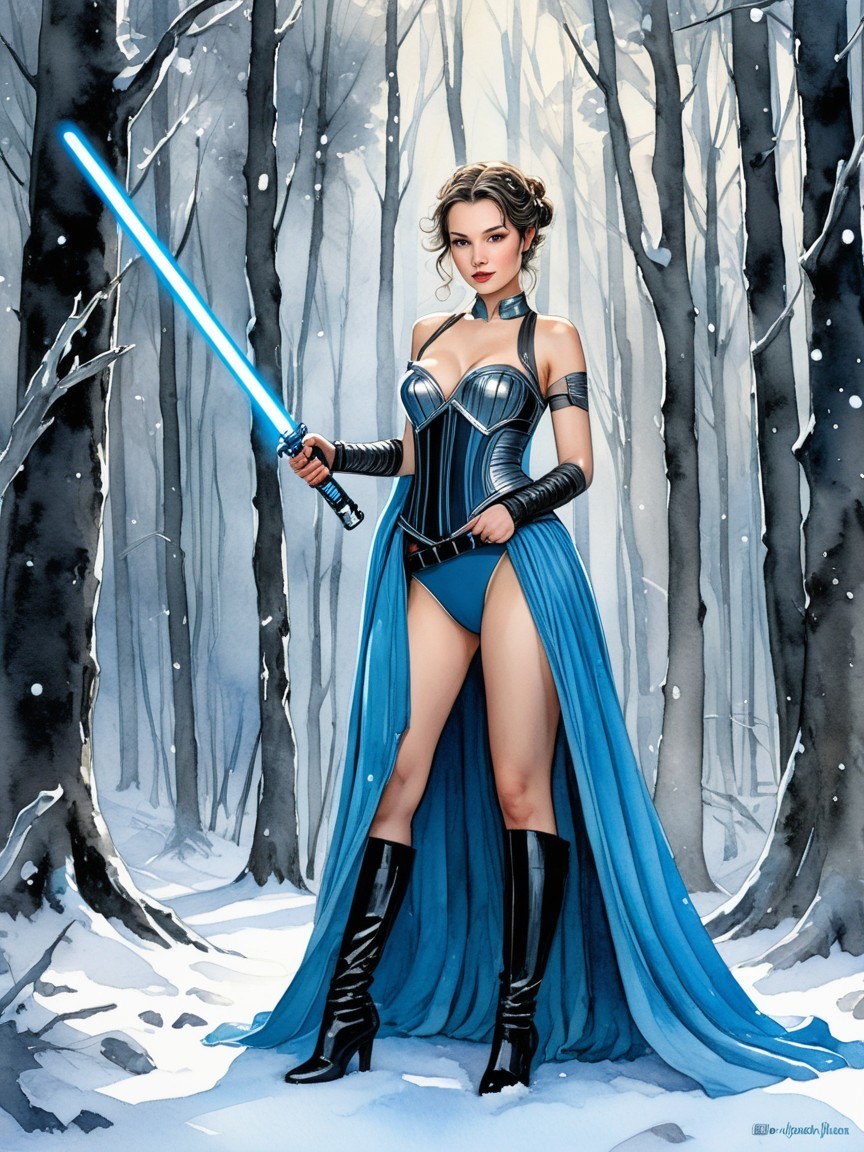 Heroic Female Figure in Winter Forest with Lightsaber