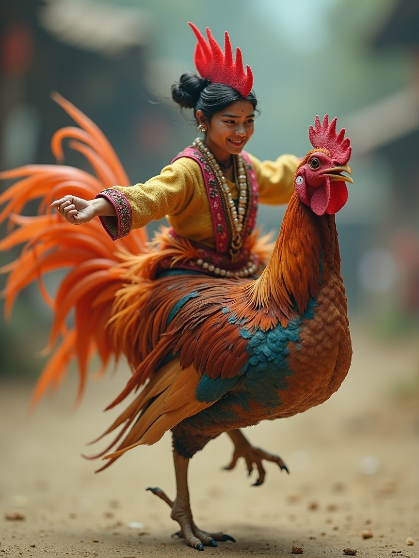 Young Girl in Traditional Outfit Riding Colorful Rooster
