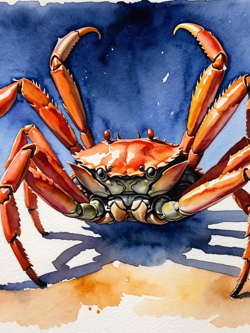 Vibrant Watercolor Illustration of a Crab with Claws