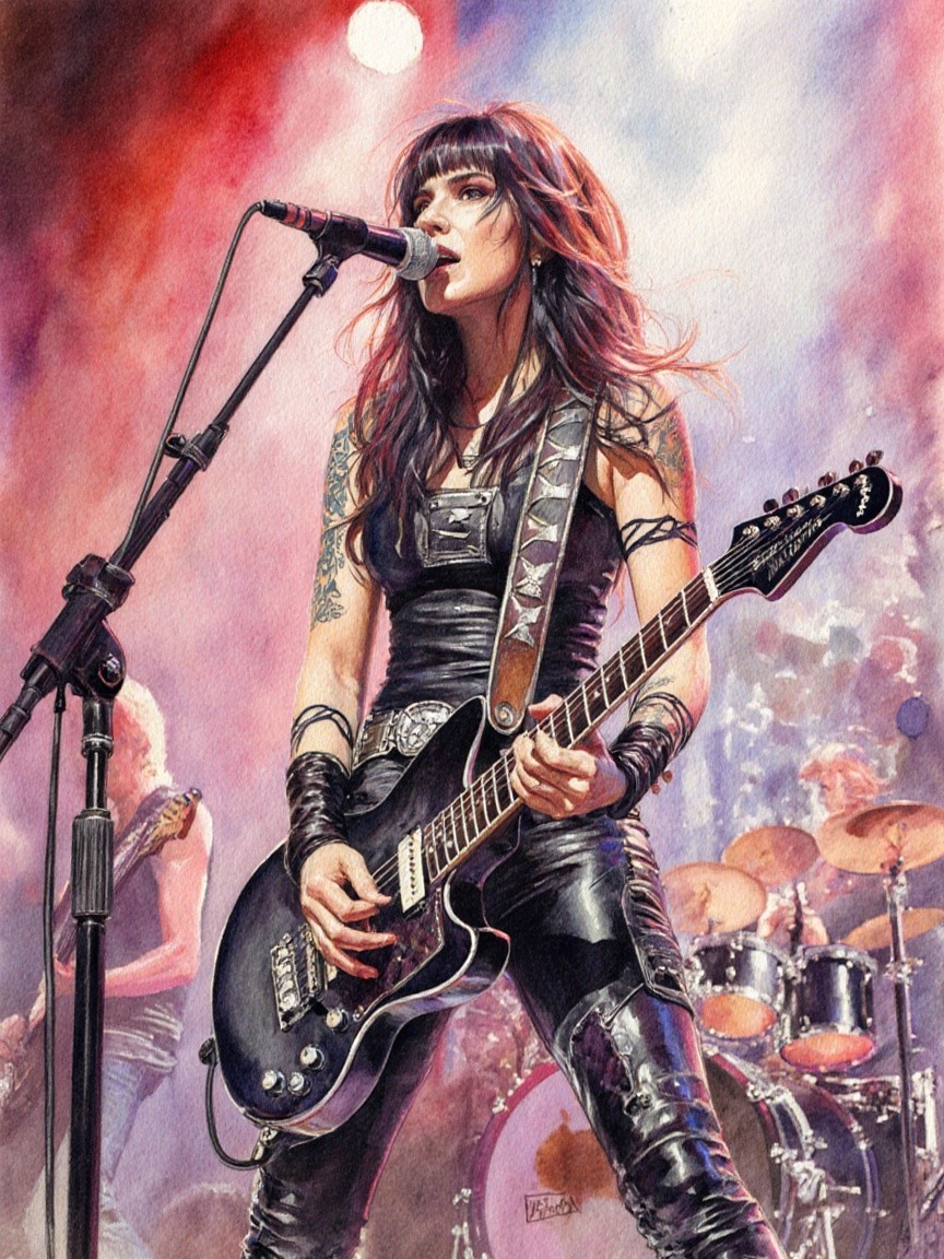 Vibrant Watercolor of Female Rock Guitarist in Concert