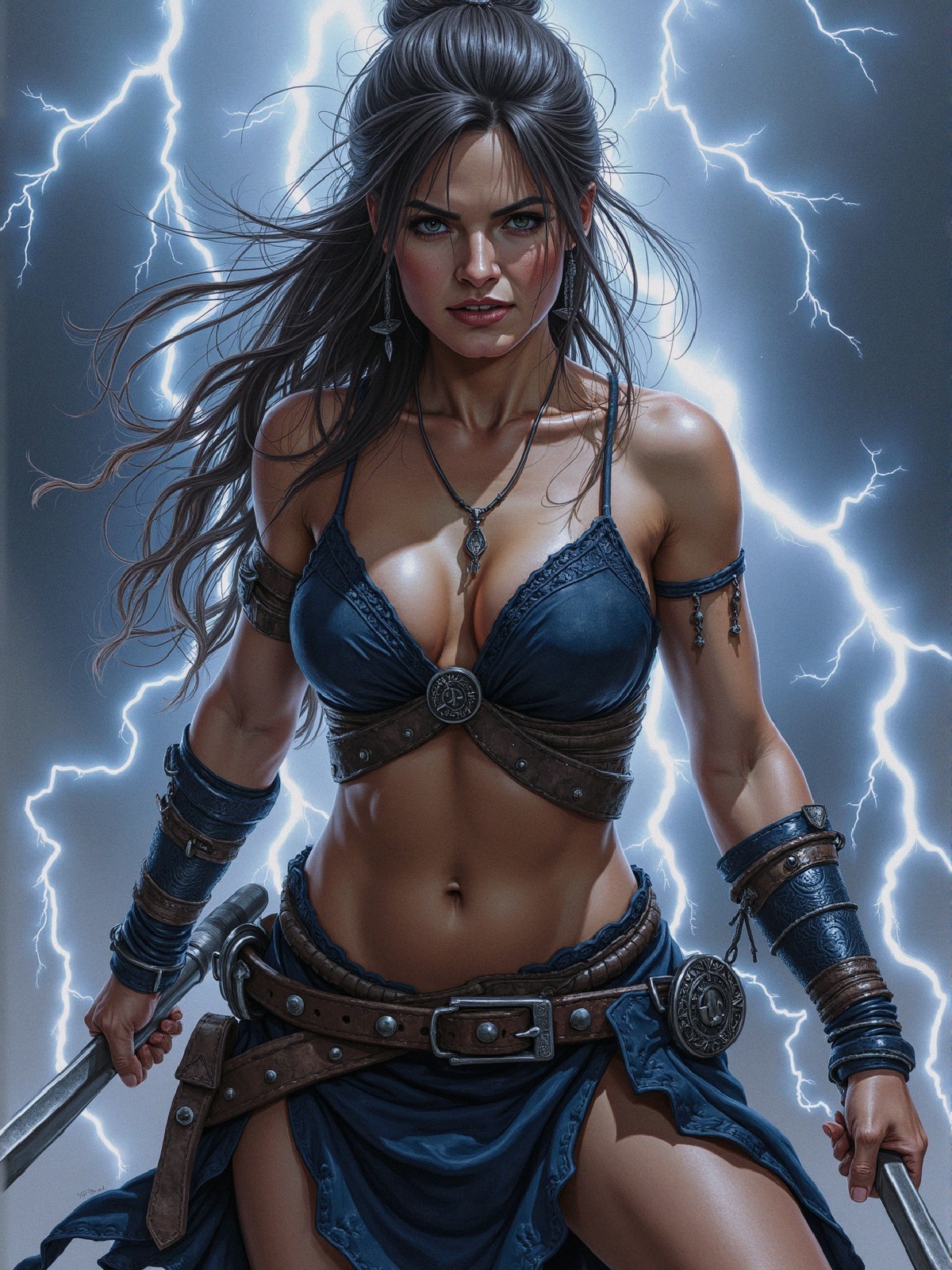 Fierce Warrior Woman in Dark Outfit with Sword