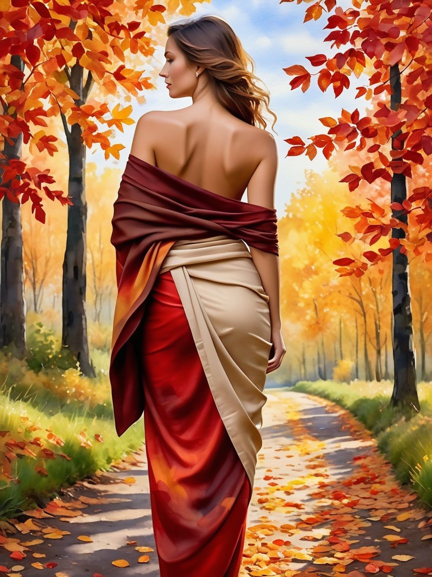 Elegant Woman in Flowing Saree Amidst Autumn Landscape