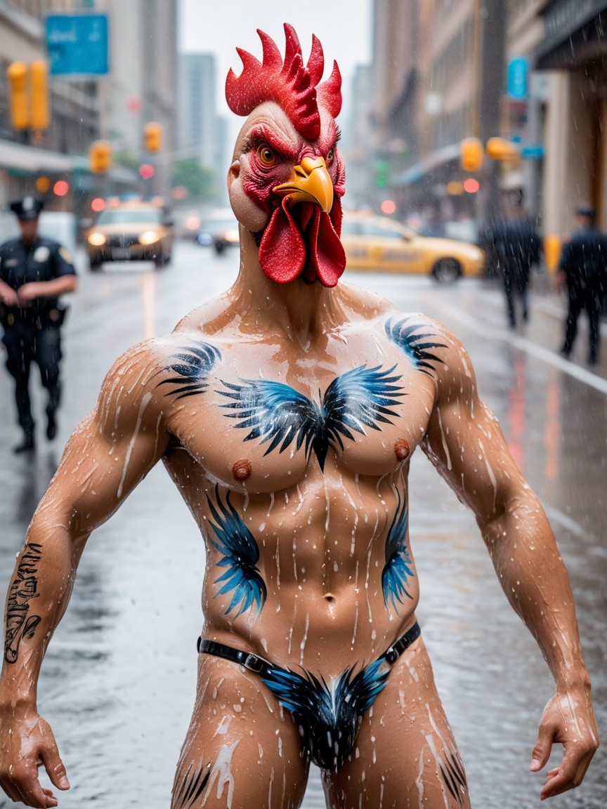 Muscular Figure in Rooster Mask on City Street