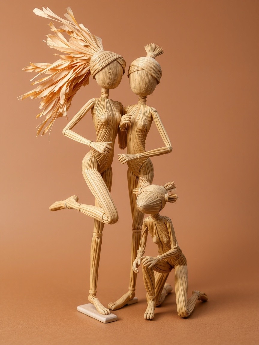 Whimsical Straw Figures Against Earthy Background