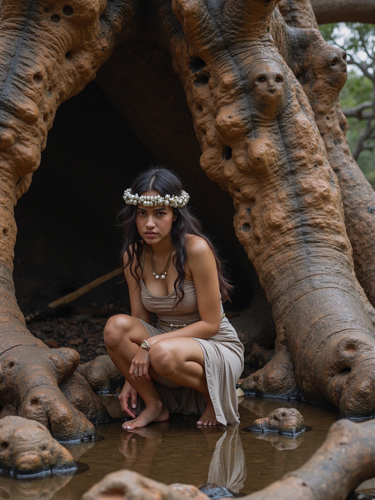 Young woman in shallow water by a textured tree