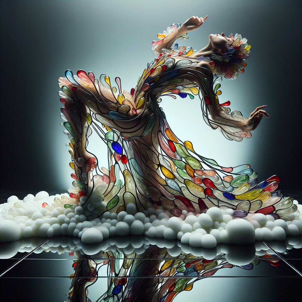 Elaborate gown of colorful organic shapes displayed