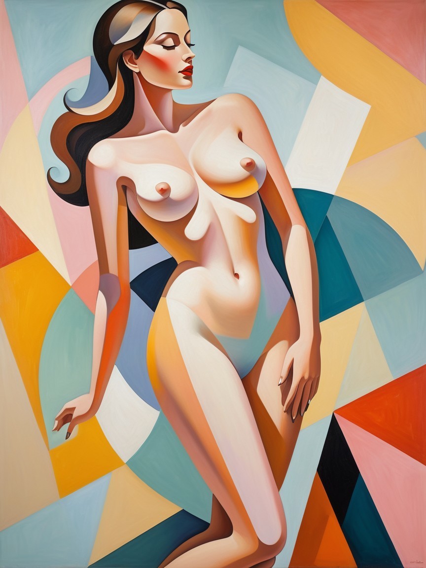 Nude Female Figure Amidst Vibrant Geometric Shapes
