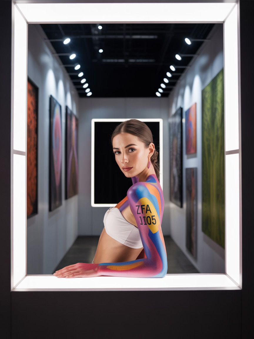 Model Showcasing Vibrant Body Art in Exhibit Space