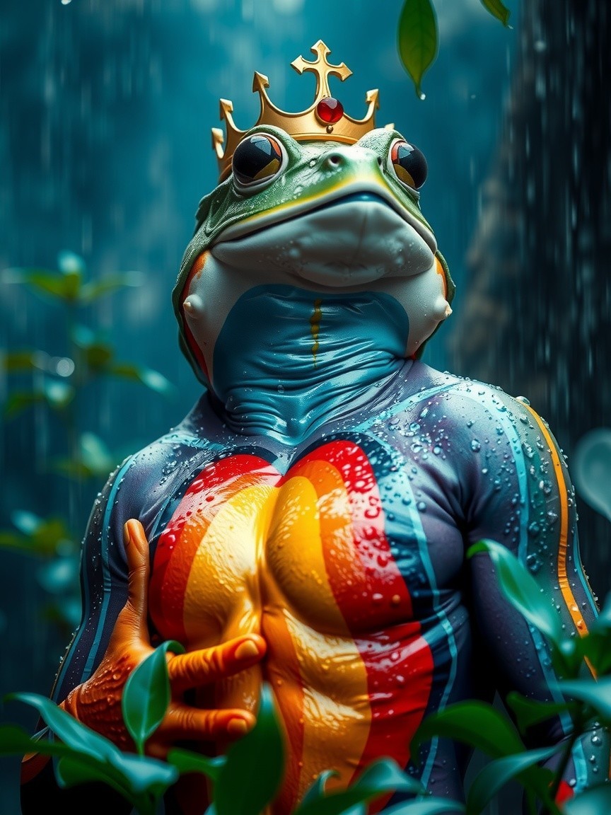 Muscular Frog in Crown Amidst Lush Greenery