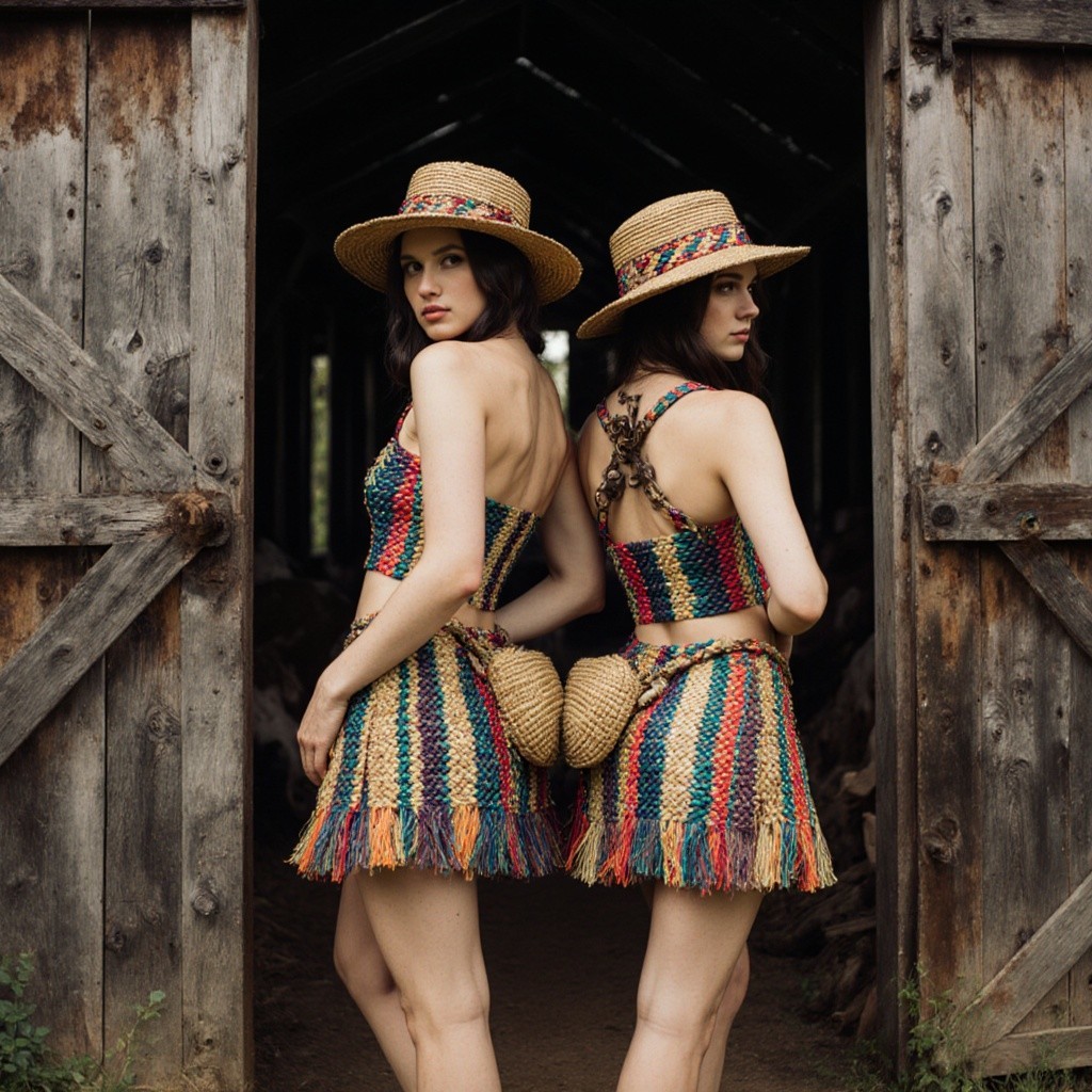 Models in Vibrant Woven Outfits in Rustic Setting