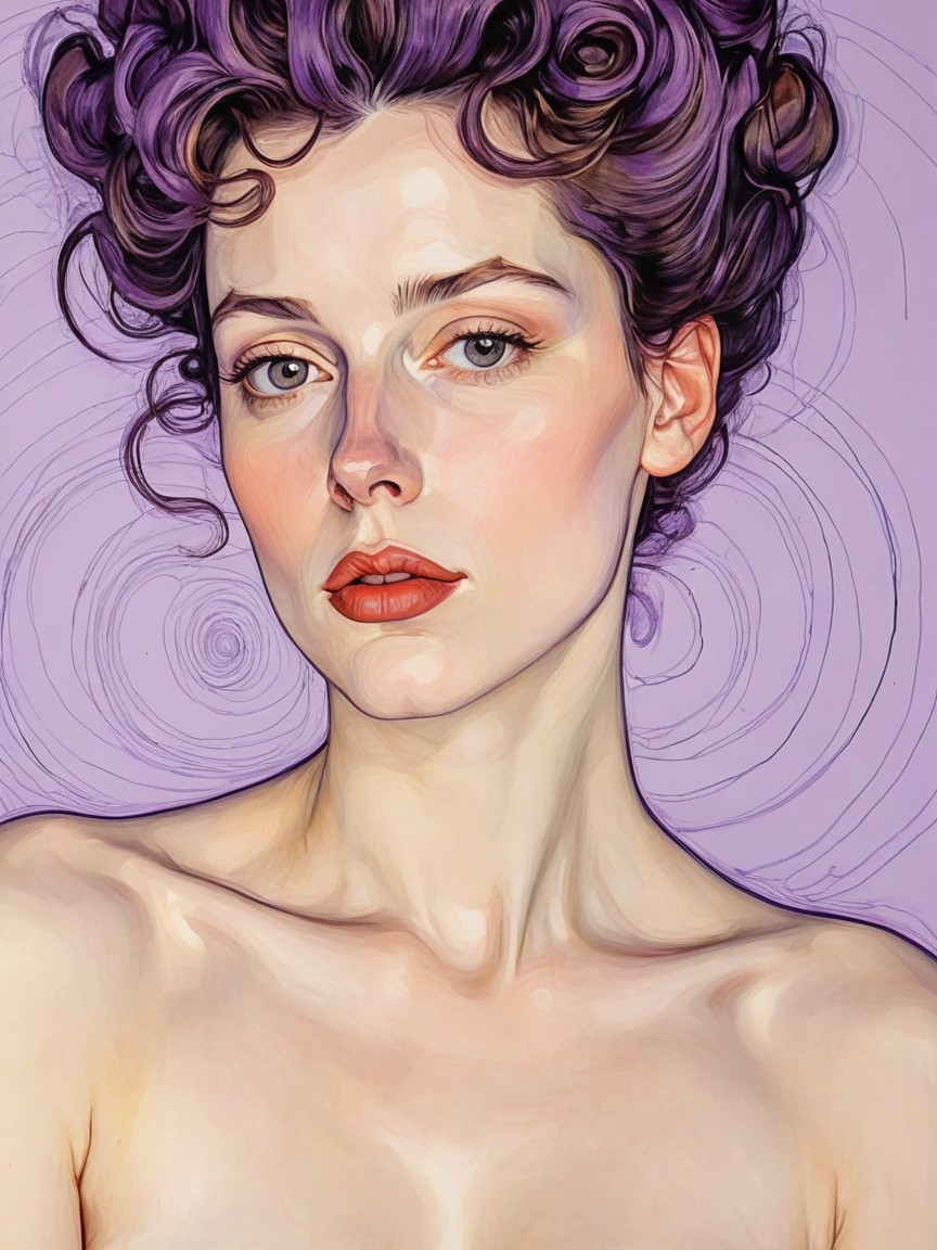 Portrait of a Young Woman with Purple Hair and Lilac Background