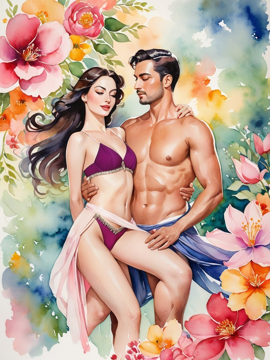 Vibrant Watercolor of Couple Embraced Among Flowers