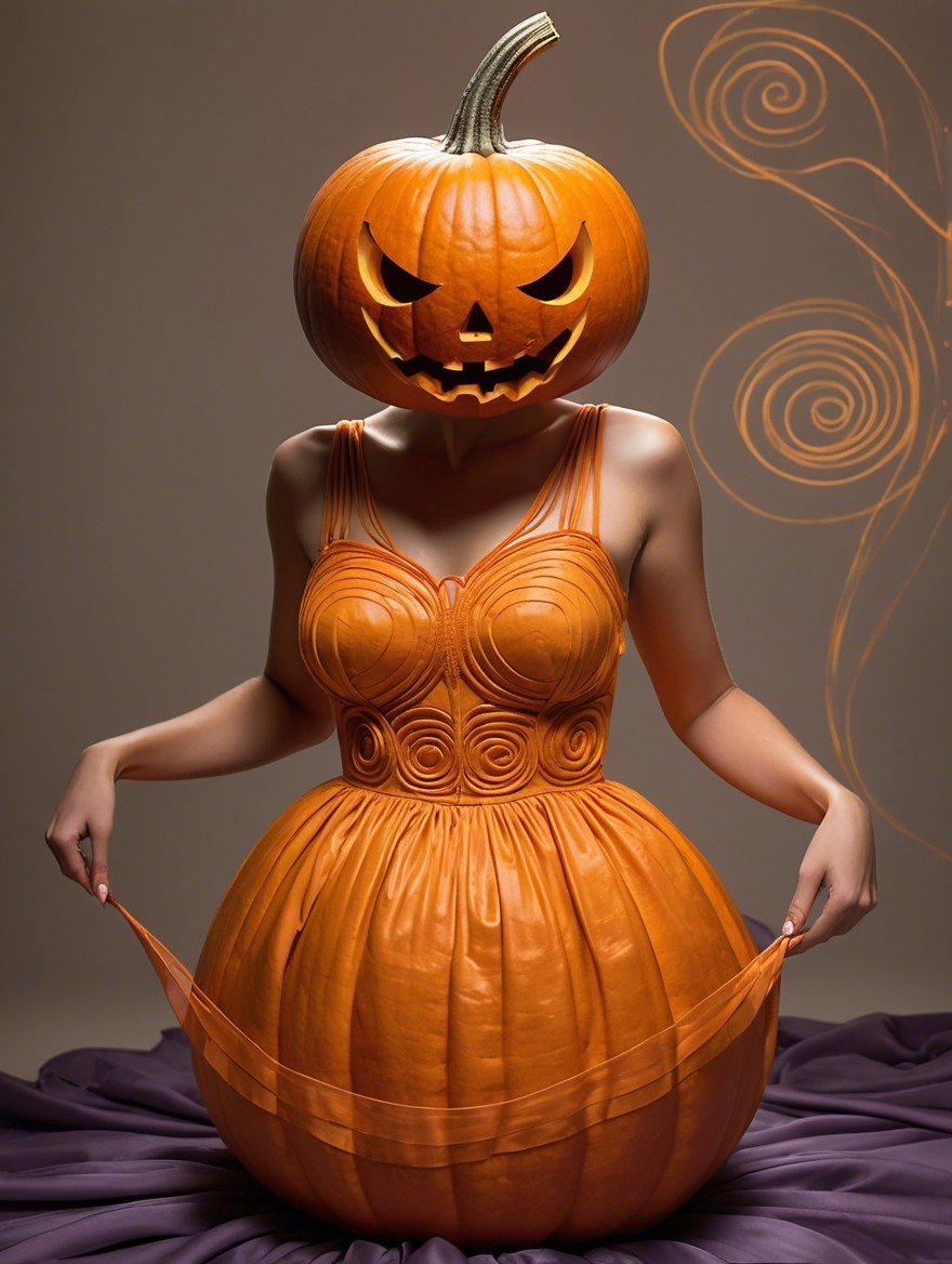 Whimsical Character in Pumpkin Dress with Jack-o'-Lantern Head