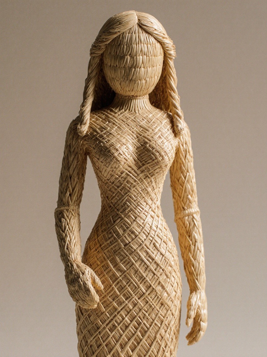 Woven Straw Sculpture of a Woman with Intricate Patterns