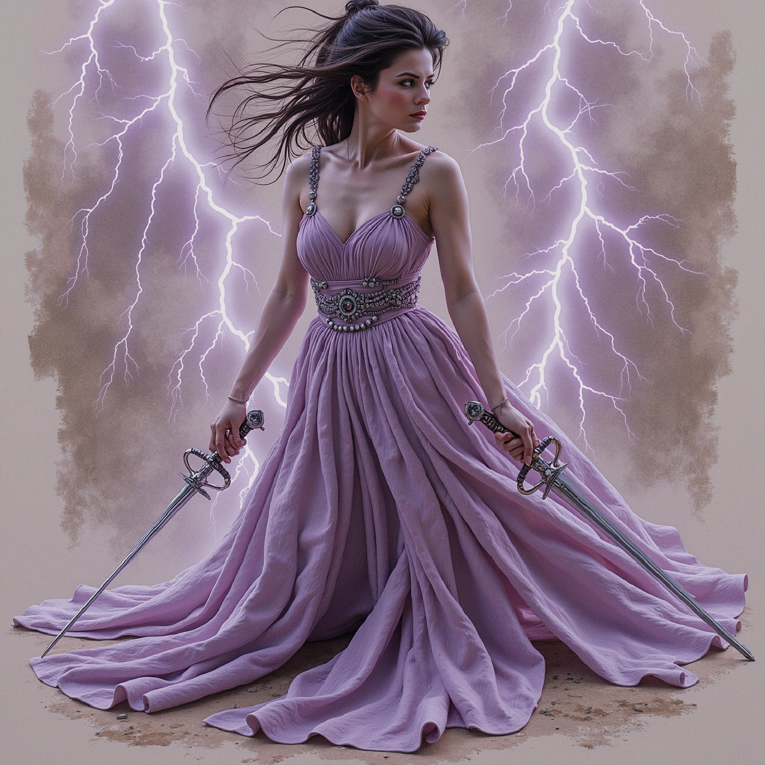Fierce warrior in lavender gown with lightning backdrop