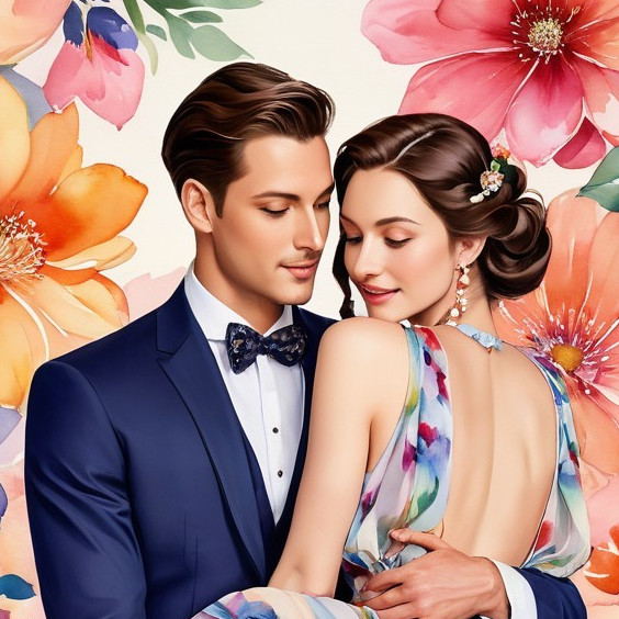 Romantic Couple Embraced in Floral Setting