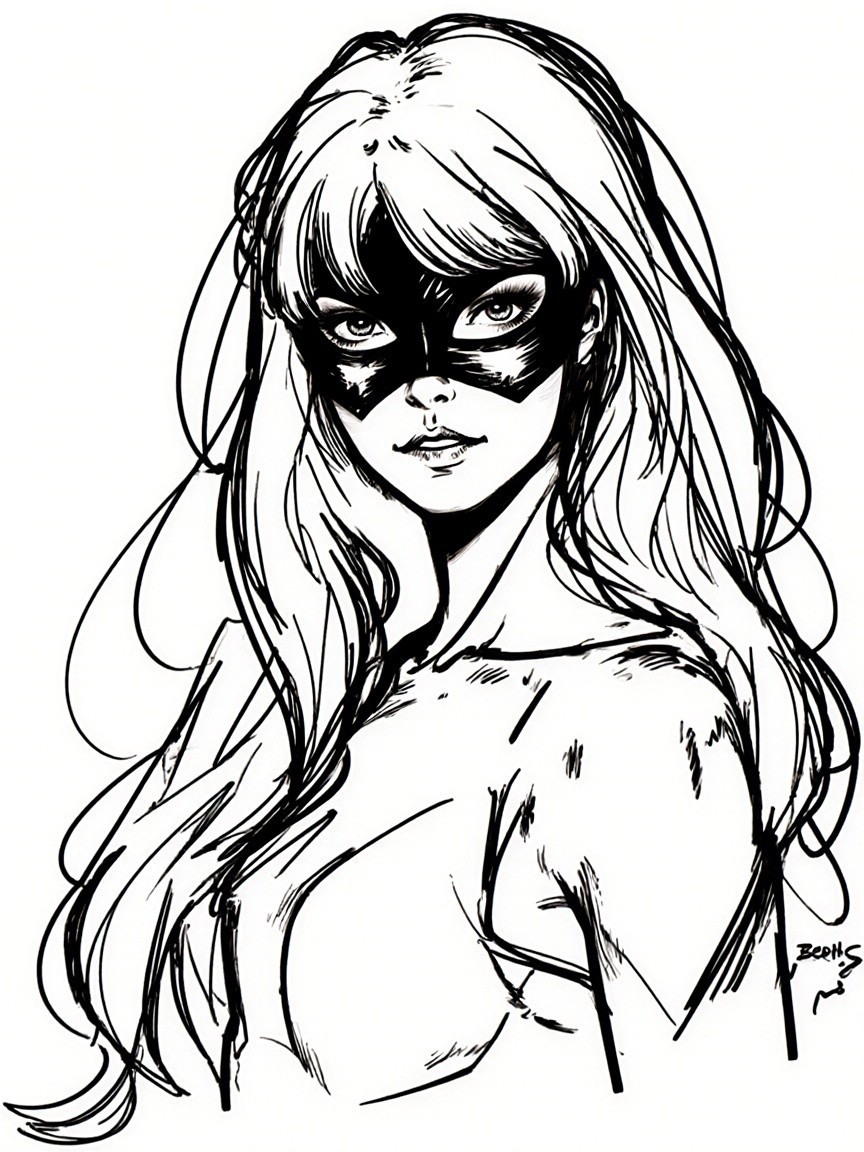 Black and white illustration of a female superhero