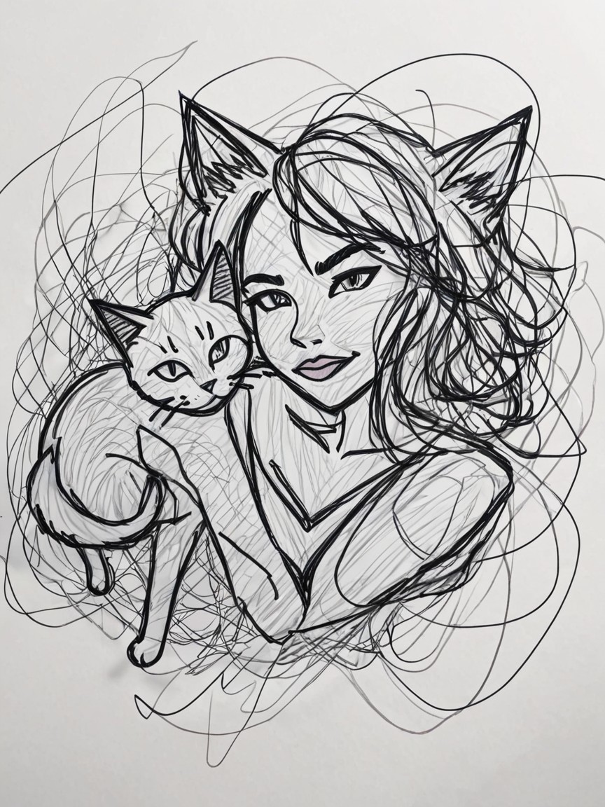 Stylized Illustration of Woman with Cat Ears and Cat