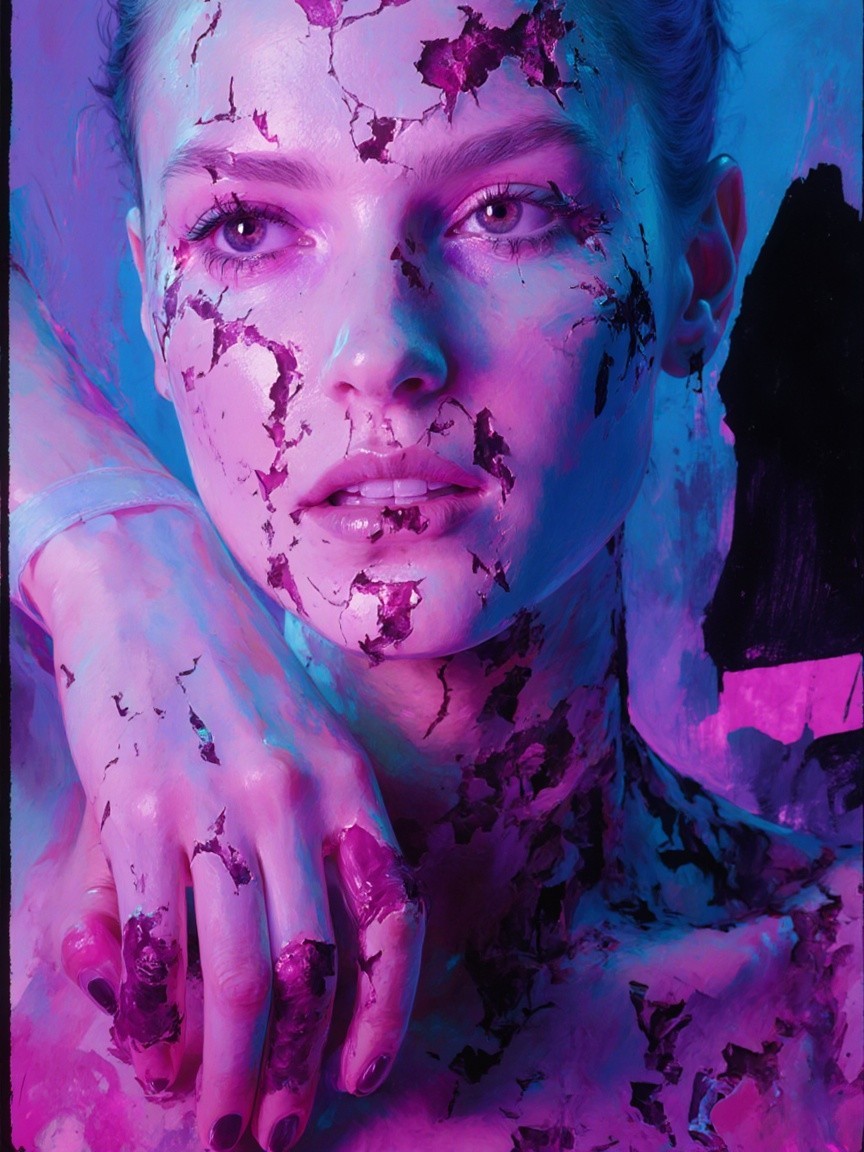 Close-up of a woman's face with vibrant cracked paint