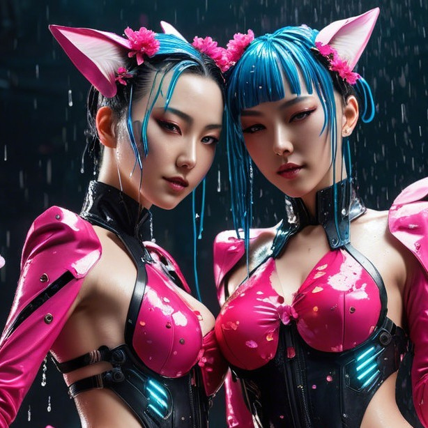 Futuristic Cyberpunk Women with Blue Hair and Ears