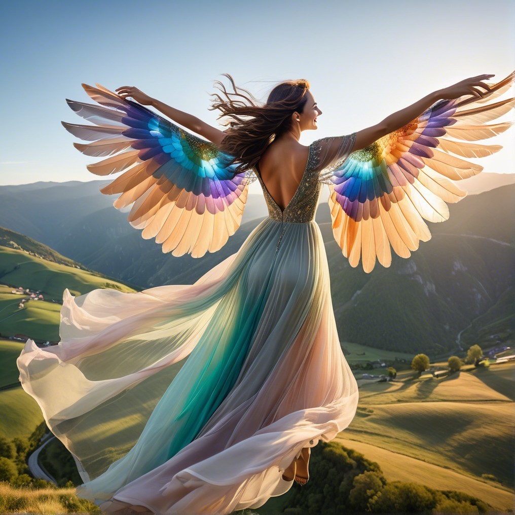 Graceful Woman with Colorful Wings at Mountain Overlook