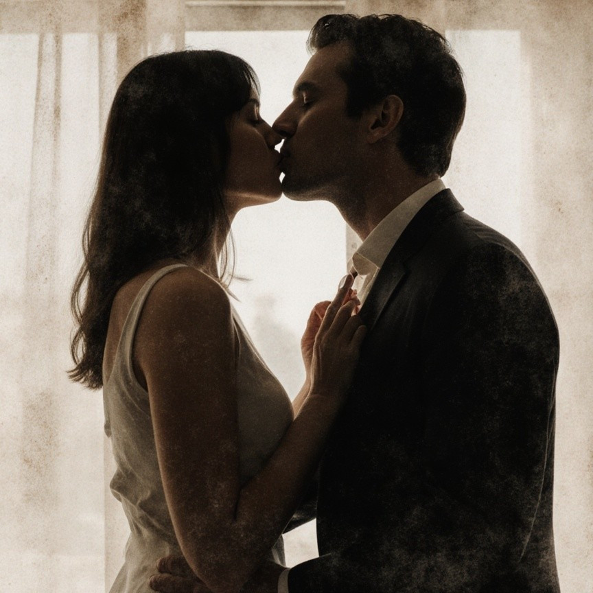 Couple in Romantic Kiss with Soft Natural Light