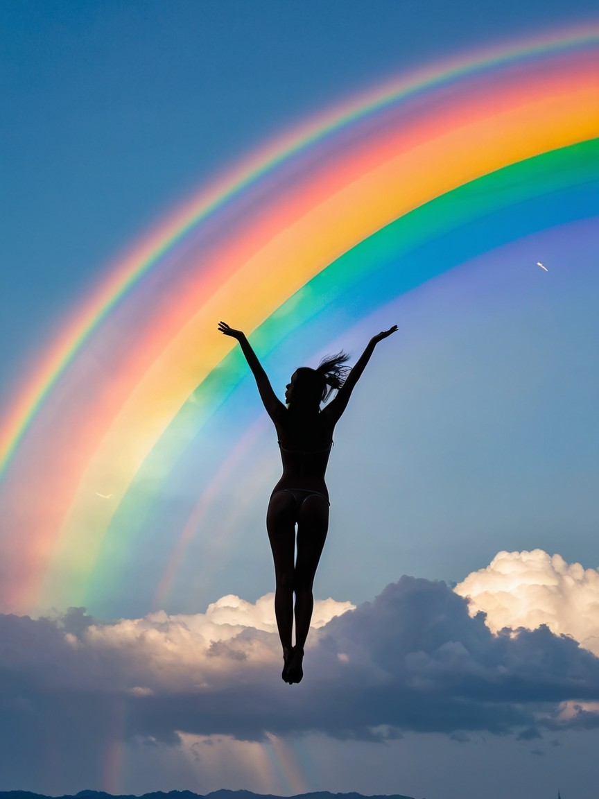 Silhouetted Figure Against Vibrant Rainbow Sky