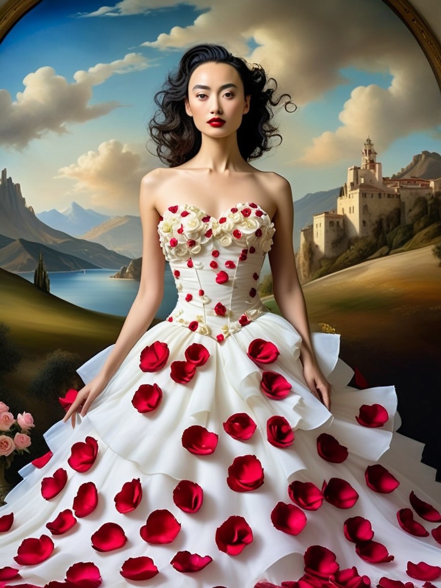 Model in Strapless Gown with Rose Petals in Landscape