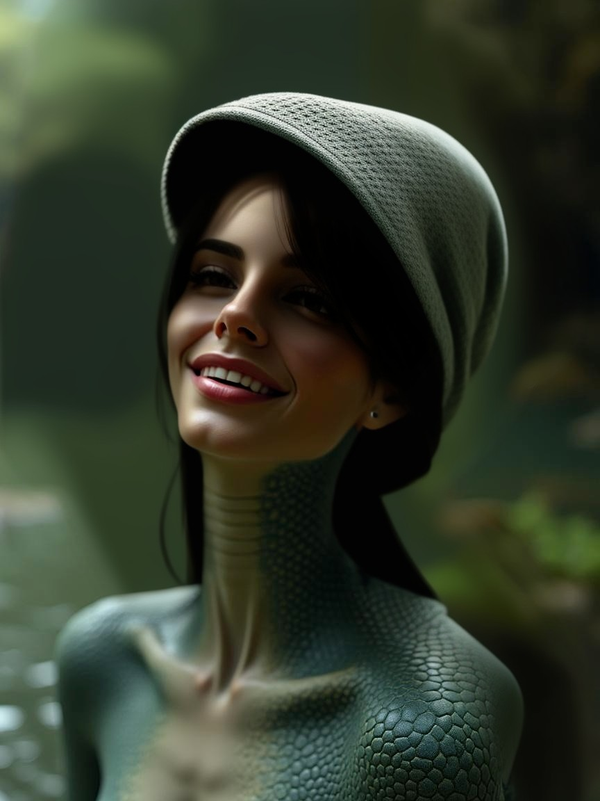 Woman with Scaled Skin and Gray Hat in Lush Setting