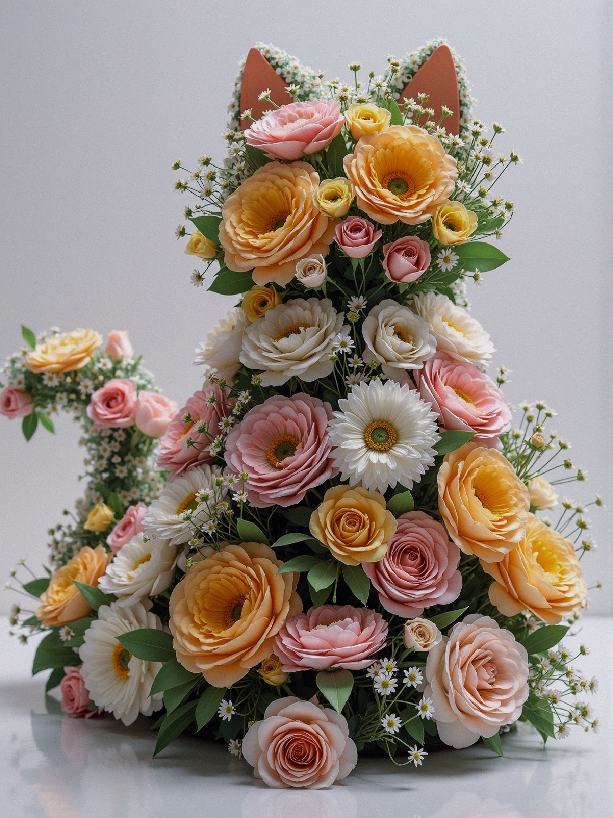 Floral Arrangement Shaped Like a Cat with Roses and Daisies