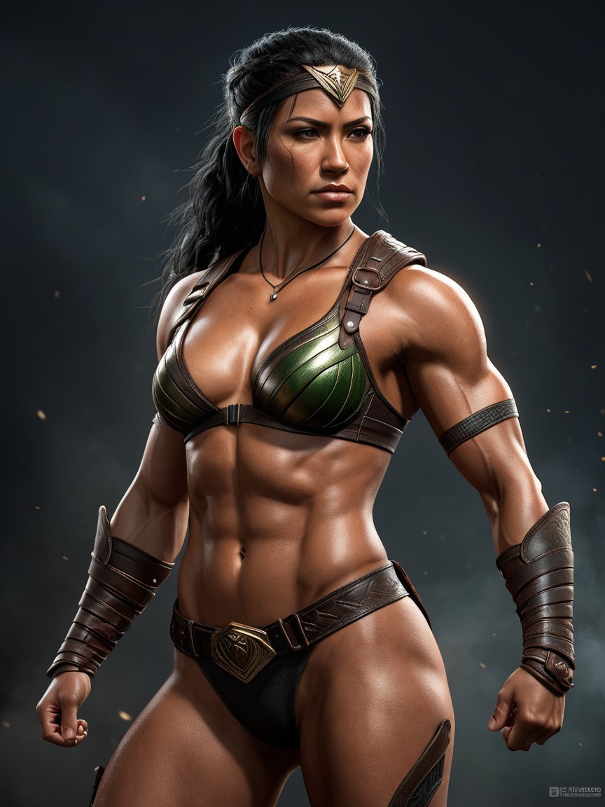Powerful Female Warrior in Dynamic Pose with Armor