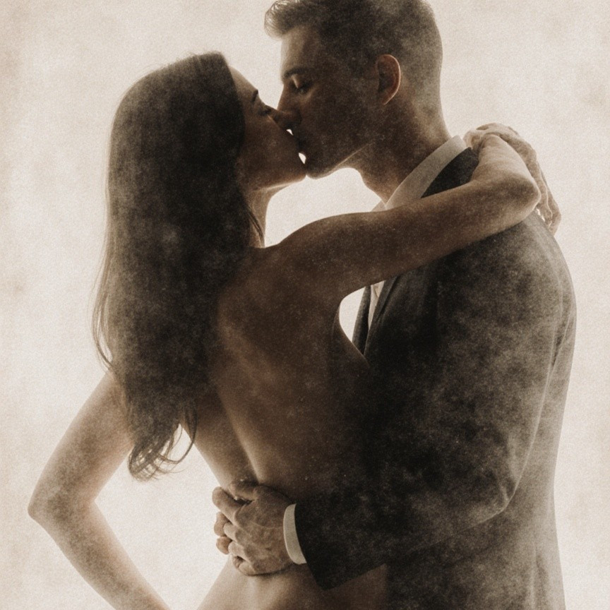 Couple Embracing in Vintage Romantic Kiss