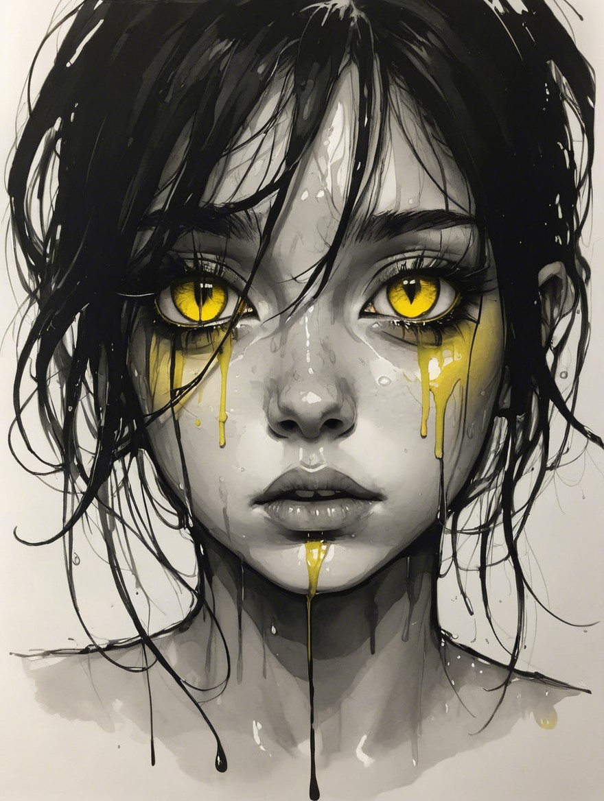 Portrait of a Young Woman with Yellow Eyes and Grayscale Background