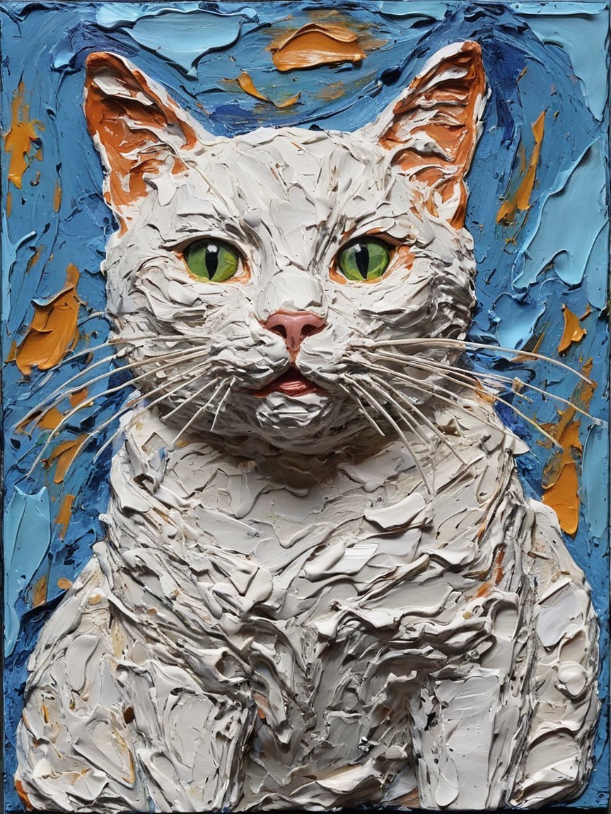 Close-up of a white cat with green eyes and textured paint